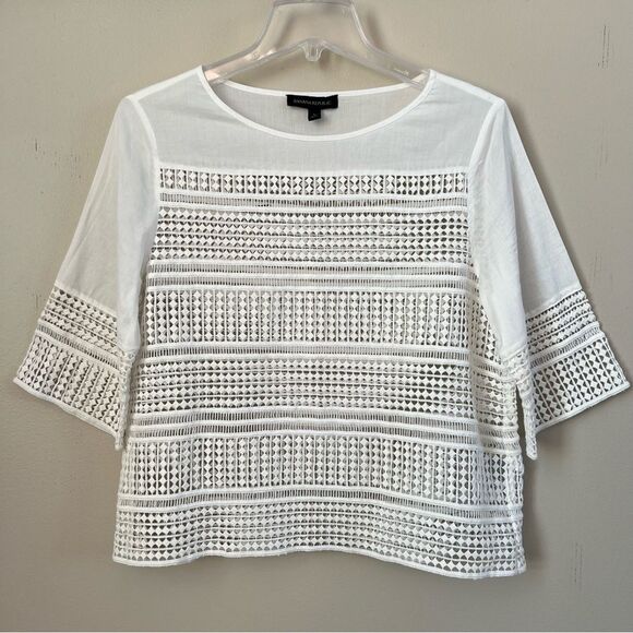 Banana Republic Boho Cottagecore Lace Eyelet Blouse 3/4 Sleeves Ivory SZ S - Picture 1 of 12